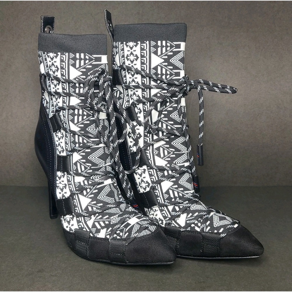 Azalea Wang Lace Up Sock Boot Heels Womens 8 Black White Stiletto Booties